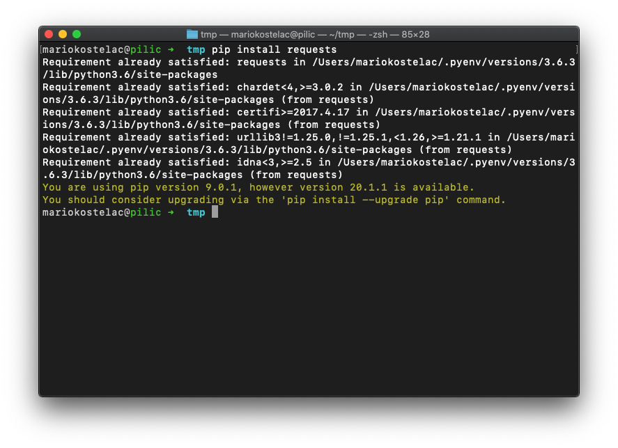 Pip会将软件包安装在指向活动python安装所在的_site-packages_目录中。在这种情况下，它是由pyenv-〜/ .pyenv / versions / 3.6.3 / lib / python3.6 / site-packages激活的。